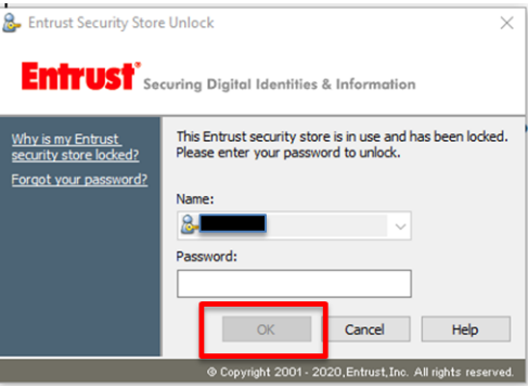 Écran de l'Entrust, on peut choisir le certificat et entrer le mot de passe